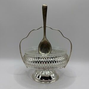 Vintage Mayell Silver Plated Crystal Condiment Jam Bowl w/ spoon Made in England